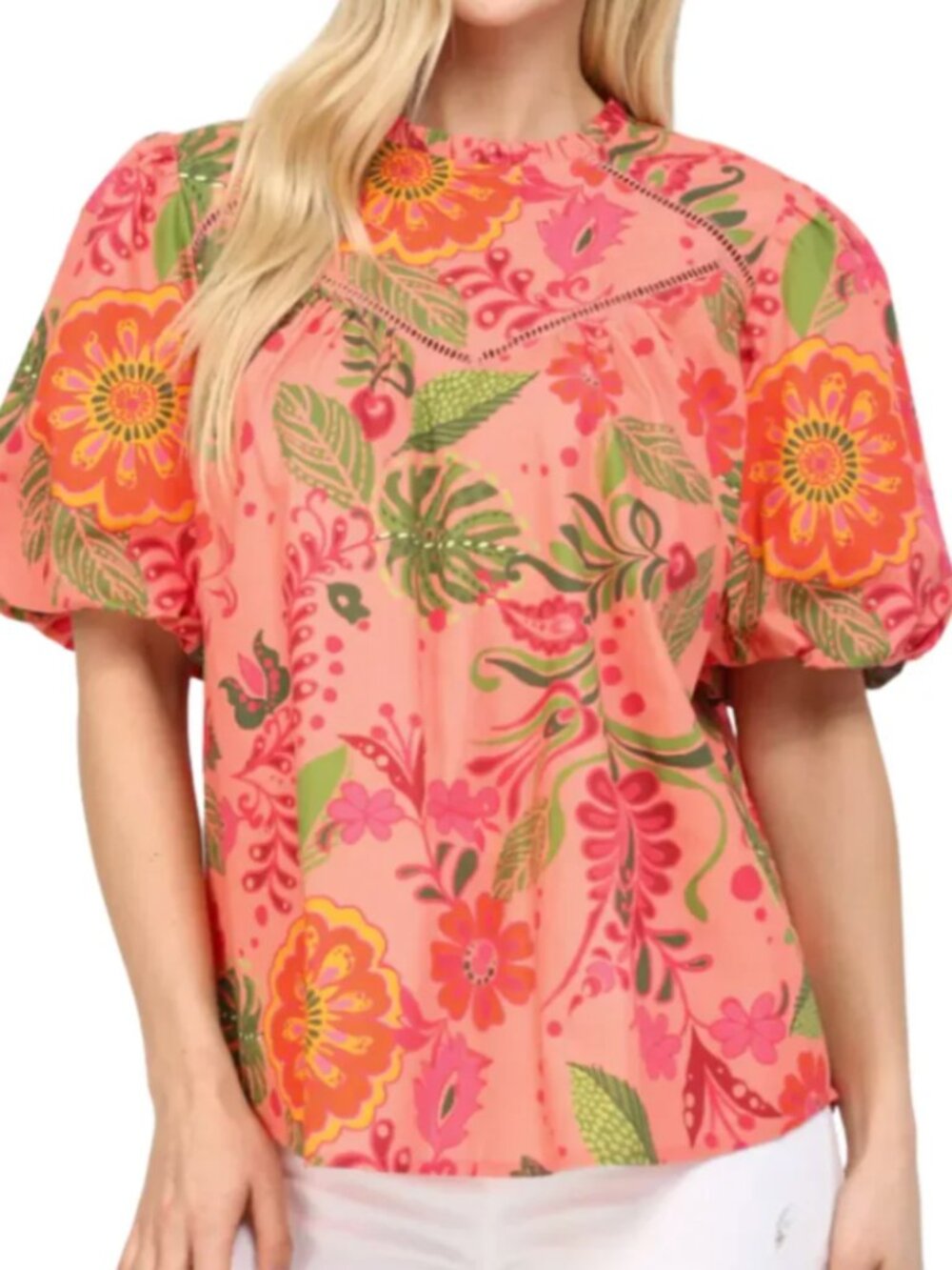 Fate Floral Poplin Top Coral Women's Size Small Puff Sleeve High Ruffle Neck NEW